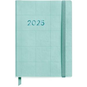 Miquelrius - Kalender 2025, jaarplanner, 122 x 168 mm, dagoverzicht, flexibele omslag van genaaid kunstleer, papier 80 g/m², Spaans, Engels en Portugees, aquamarijn