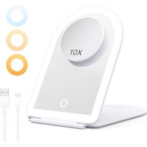 Make-upspiegel met Verlichting, LED Draagbare Cosmeticaspiegel 10x Vergroting, 3 Dimbare Kleurenlichten, Oplaadbare Ultradunne Tafelspiegel voor Thuis en Reizen, Wit