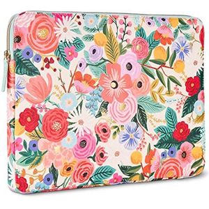 Rifle Paper Co. laptophoes 14 inch - laptopdraagtas met gewatteerde buitenkant, satijnen binnenkant, metalen rits, bloemenlaptoptas voor MacBook Pro/Air M2 13"", HP, Asus, Dell - Garden Party Blush