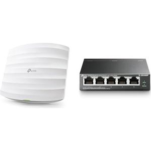 TP-Link Omada AC1750 Draadloos Dual Band Gigabit Access Point, ondersteuning 802.3af/at/passieve PoE, (EAP245) & Tp-Link Tl-Sg1005P 5-Port Gigabit Poe Switch (5 Poorten Met 10/100/1000 Mbit/S)