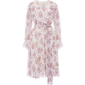 Swing Fashion Wit en beige, luchtige, midi-jurk met lange mouwen met bloemen van Freja | maat 36, beige, 36