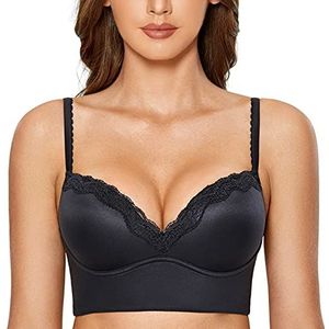 Dobreva Vrouwen Bloemen Kant Gewatteerde Draadloze Push Up Bralette Longline BH zwart 85E