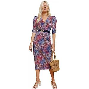 Little Mistress Nicoleta Duik hals Halve lengte mouw Multi Spot-Print Riem Midi Potlood Jurk, Veelkleurig, 32 NL