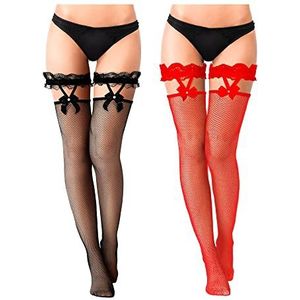 SATINIOR 2 paar netkousen met kanten strik voor dames, dijbeenhoge kousen, zonder beugel, visnet, kniekousen (zwart, rood), zwart, rood, One Size