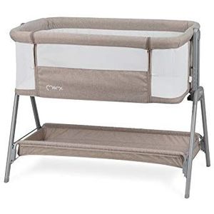 MOMI FIBI 3-in-1 slaap-, reis- en bijzetbed voor kinderen vanaf de geboorte, met matras, 6-traps in hoogte verstelbaar, plank voor babyspullen, 4 verstelbare poten, met kijkvenster van netstof beige