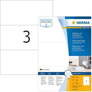 HERMA 4664 etiketten met perforatie A4 (210 x 99 mm, 100 velles, papier, mat) zelfklevend, bedrukbaar, permanente klevende stickers met plakstrips, 300 etiketten voor printer, wit