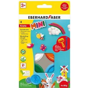 Eberhard Faber 572516 - Speeldeeg mini, 4 x 50 g boetseerklei incl. boetseergereedschap en stempelmotieven, bijzonder zacht en gemakkelijk uitwasbaar