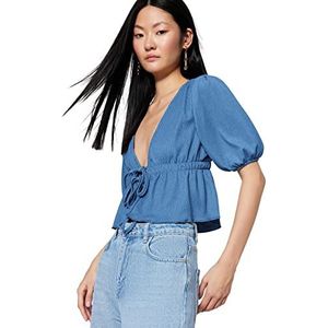 Trendyol Dames Dames Getailleerd Basic Ronde Hals Gebreide Blouse Shirt, Indigo, M