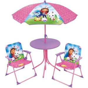 FUN HOUSE 713602 Gabby en het magische huis tuinmeubelen voor kinderen, met een tafel, hoogte 46 x Ø 46 cm, twee stoelen hoogte 53 x 38,5 x 37,5 cm en een parasol, hoogte 125 x Ø 100 cm, roze