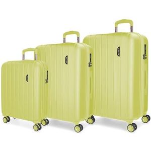 Movom Joumma Bags Houten cabinekoffer, middelgroot, set van harde ABS-kunststof, TSA-sluiting, 4 dubbele wielen, uittrekbaar, handbagage, Geel, 53 x 78 x 31 cm, Set van 3 koffers