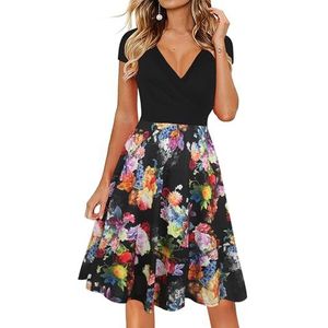 oxiuly Dames V-hals vleugelmouwen bloemen stretchy swing jurk klassiek, zwarte roos, XL