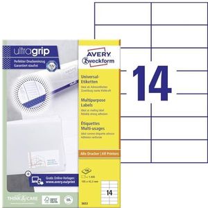 AVERY Zweckform 3653, adresstickers, 1400 zelfklevende etiketten, 105 x 42,3 mm op A4, mat papier, individueel bedrukbare afzenderetiketten, zelfklevende adreslabels met ultragrip), 100 vellen, wit