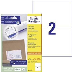 AVERY Zweckform 3655-200 universele etiketten (400 plus 40 zelfklevende etiketten extra, 210 x 148 mm op A4, bedrukbare verzendlabels, zelfklevende verzendstickers met ultragrip, DHL) 220 vellen, wit