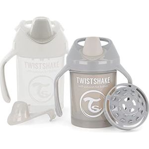 Twistshake 2x Non-Spill Mini Baby Drinkbeker Met Zachte Tuit & Fruit Mixer - 230ml | Lekvrije Baby Waterfles | BPA-Vrij | Oefenbeker Voor Kinderen | Grijs Wit