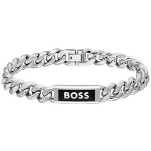 BOSS Sieraden Heren KASSY EMBLEM Collectie Kettingarmband in roestvrij staal met een zwarte geëmailleerde plaque - 1580679S, Small, Roestvrij staal, Geen edelsteen