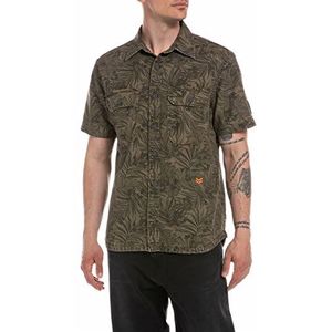 Replay Heren M4061 overhemd, 010 kaki met print bladeren, XS, 010 kaki met print bladzijden, XS