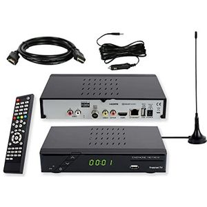 Set-ONE EasyOne 740 HD DVB-T2 receiver, Freenet TV, PVR Ready, Full-HD, HDMI, LAN, mediaspeler, USB 2.0, HBBTV, 12V camping-adapterkabel, 2 meter HDMI-kabel en DVB-T2-antenne