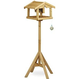 Relaxdays vogelvoederhuisje op paal, van onbehandeld hout, staand, vogelhuisje bouwpakket, HBD: 117 x 50 x 50 cm, bruin