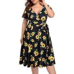 Pinup Fashion Plus Size Kant Chiffon Wrap V-hals Jurken Vrouwen Cocktail Bruiloft Gast Midi Jurk, Zonnebloem, 50 grote maten