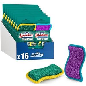 Spontex Flex & Wash sponzen voor wasmachine en vaatwasser, microvezelsponzen voor dubbel gebruik: servies en oppervlakken, 8 x 2 verpakkingen (16 in totaal)