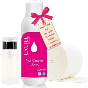 LALILL Nagellakontvetter, 500 ml, nagelreiniger met katoenen pads en pompfles, pompdispenser 200 ml, 1000 wattenpads, ontvetter voor gelnagels, hybriden en kwast