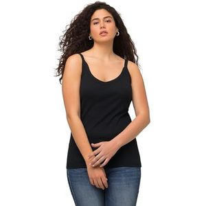 Ulla Popken Geribbelde top voor dames, slim, V-hals, mouwloos, smalle bandjes, zwart, 46/48 Grote maten