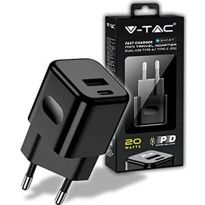 V-TAC Snellader 20 W USB-C voor iPhone Samsung - Mini Ultra snelle oplader voor smartphone - Dual USB type C en USB A voor iPhone 11/12/13/14/PRO/MAX en S21/S22