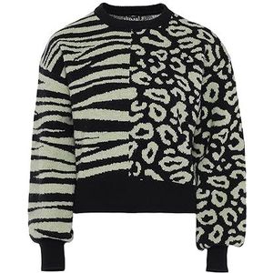 Fenia Dames warme trui met zebra-inzetstukken met luipaardpatroon zwart wit maat M/L, zwart, wit, M