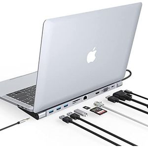 10 in 1 USB C Dock, USB C Multiport Hub Triple Display Laptop Hub Stand, USB C Adapter (4K HDMI, VGA, PD 100W, Ethernet, SD/TF Card Slot, 3,5 mm Audio, 3 USB-poorten) voor MacBook, Dell, HP, Lenovo
