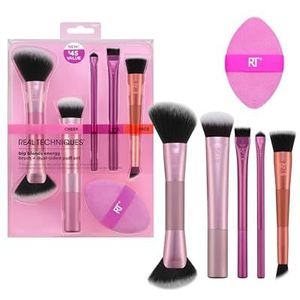 Real Techniques Big Blends Borstel + Dubbelzijdige Puff, 6-delige set voor poeder, crème & vloeibare make-up, precisie tools voor contour, blending & finish, veganistisch & diervriendelijk
