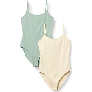 Amazon Essentials Dames Slim-Fit Cami Rompertje, Pack van 2, Beige/Licht Saliegroen, Medium