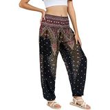 LOFBAZ Harembroek voor Vrouwen Yoga Boho Hippie Kleding Dames Palazzo Bohemien Pyjama Strand Indiase Zigeuner Genie Kleding Pauw 1 Zwart B S