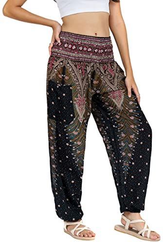 LOFBAZ Harembroek voor Vrouwen Yoga Boho Hippie Kleding Dames Palazzo Bohemien Pyjama Strand Indiase Zigeuner Genie Kleding Pauw 1 Zwart B S