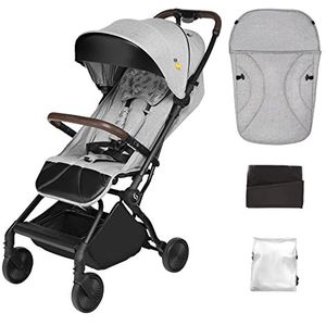 skiddoü Espoo+ Reisbuggy met automatisch inklapsysteem met één hand, kinderbuggy tot 22 kg, kinderwagen met muggennet, beenbescherming en regenbeschermingsfolie, met riem, lichtgrijs