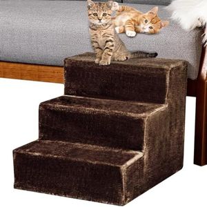 BAKAJI Huisdierentrap met 3 treden en afneembare pluche overtrek, helling voor katten en oudere honden, ladder met hoge dichtheid, 45,5 x 36 x 34 cm, bruin