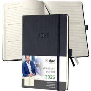 SIGEL C2512 afsprakenplanner weekkalender 2025, ca. A5, zwart, hardcover, 192 pagina's, elastische band, pennenlus, archieftas, gemaakt van duurzaam papier, Conceptum
