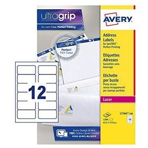 Avery Zelfklevende adrespostlabels, laserprinters, 12 etiketten per A4-vel, 1200 etiketten, UltraGrip (L7164), wit, 100 vellen