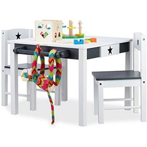 Relaxdays kinder zitgroep STAR, kindertafel met 2 stoelen, speeltafel, sterren design, houten kindermeubelset, wit-grijs