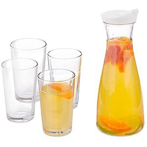 Relaxdays Waterkan met glazen - schenkkan - 1L - schenkdop - 4 drinkglazen - transparant