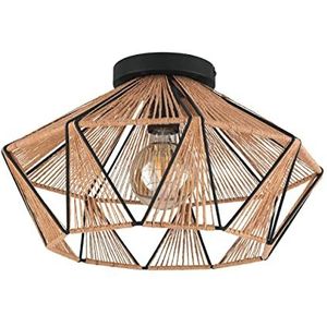 EGLO Plafondlamp Adwickle, plafond lamp in vintage design, woonkamerlamp van natuurlijk textiel en zwart metaal, plafondverlichting met E27 fitting