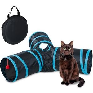 Relaxdays kattentunnel, opvouwbaar, HBD: ca. 25x92x85 cm, speeltunnel katten & konijnen, 3 gangen, nylon, zwart/blauw