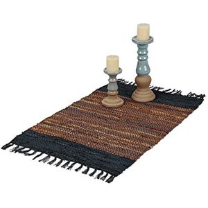Relaxdays vloerkleed - leder en katoen - 60 x 110 cm - tapijt - franjes - diverse kleuren - bruin