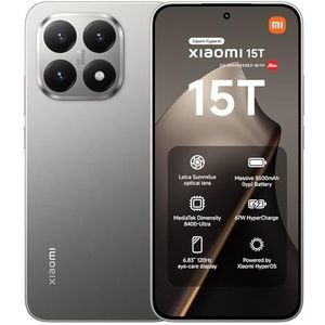 Xiaomi 15T, Smartphone 12+512GB, 6,83"" 120Hz display, MediaTek Dimensity 8400-Ultra, 50MP Leica Summilux optische lens, 5500mAh, Titanium, Oplader niet inbegrepen, Fabrieksgarantie 2 jaar