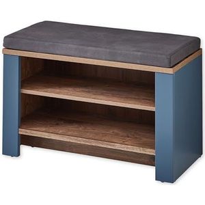 Stella Trading Dijon Schoenenbank met zitvlak in Parijs Blue, haveleiken cognac look, moderne opbergruimte voor hal en garderobe, houtmateriaal, zitbank 81 cm