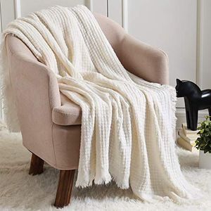 CREVENT Zachte lichtgewicht boho gehaakte decoratieve lente deken voor bank bank stoel bed woondecoratie (127 cm x 152 cm, gebroken wit/ivoor)