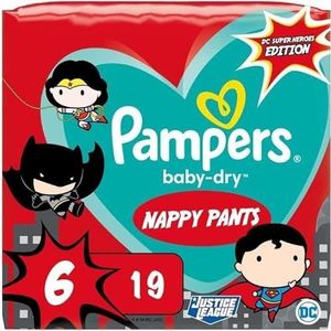 Pampers Baby-Dry Superhelden broek maat 6, 19 luiers, 14 kg-19 kg, met beschermhoes
