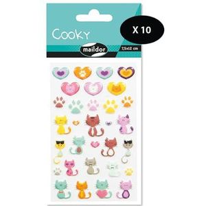 Maildor 560500Cpack – een zakje met 3D-stickers Cooky, 1 bord, 7,5 x 12 cm, katten/harten (31 stickers), 10 stuks