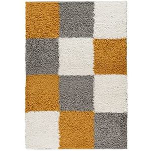 Mynes Home Shaggy tapijt hoogpolig goud grijs wit 30 mm/langpolig tapijten geruit/woonkamertapijt / 120x170 cm