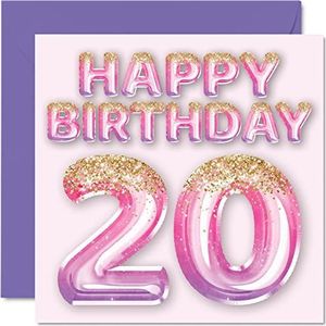 20e verjaardagskaart voor vrouwen - roze en paarse glitterballonnen - gelukkige verjaardagskaarten voor 20 jaar oude vrouw dochter zus tante neef, 145 mm x 145 mm twintigste verjaardag wenskaarten