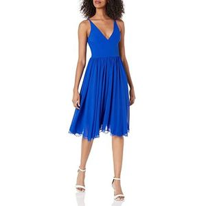 Dress the Population Alicia Mouwloze midi-jurk met diepe V-hals, mix van materialen, uitlopend model, Blauw, XS